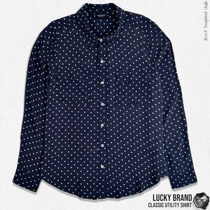 LUCKY BRAND CLASSIC UTILITY BUTTON DOWN SHIRT IN NAVY WHITE DOTS WOMEN’S SIZE M